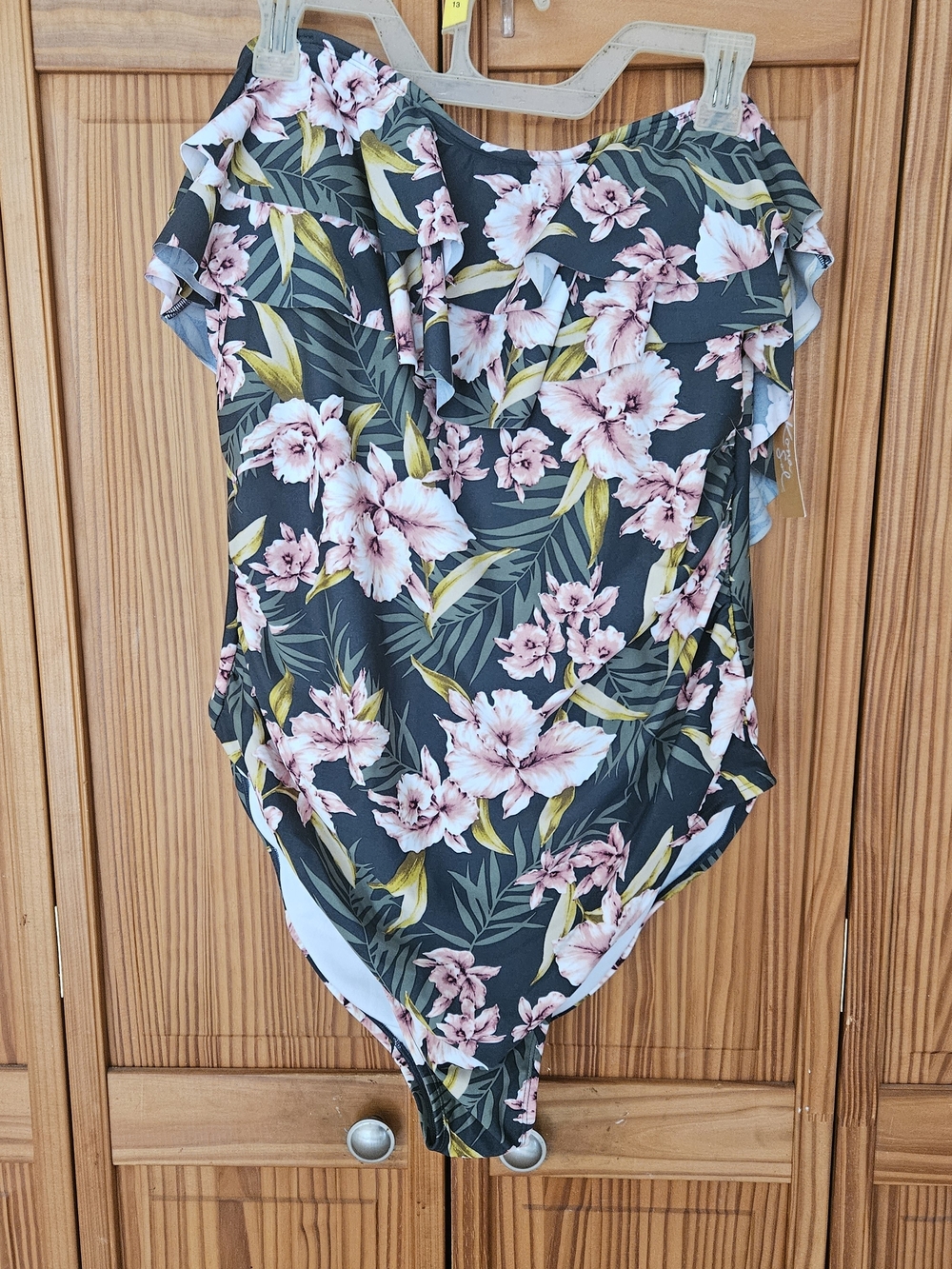 Kona Sol Black Floral One-Piece Swimsuit with Pink & Green Accents